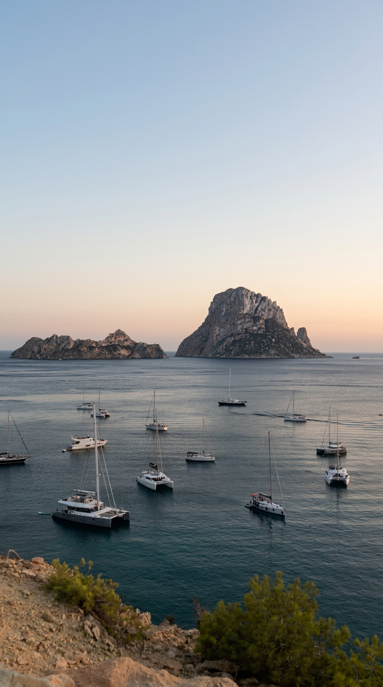 Sailboats anchored off Es Vedrà, Ibiza