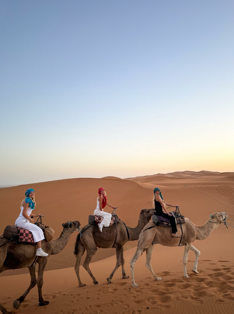 Camel ride across the Sahara dunes