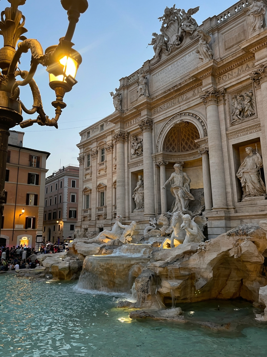 The Trevi Fountain in Rome at dusk